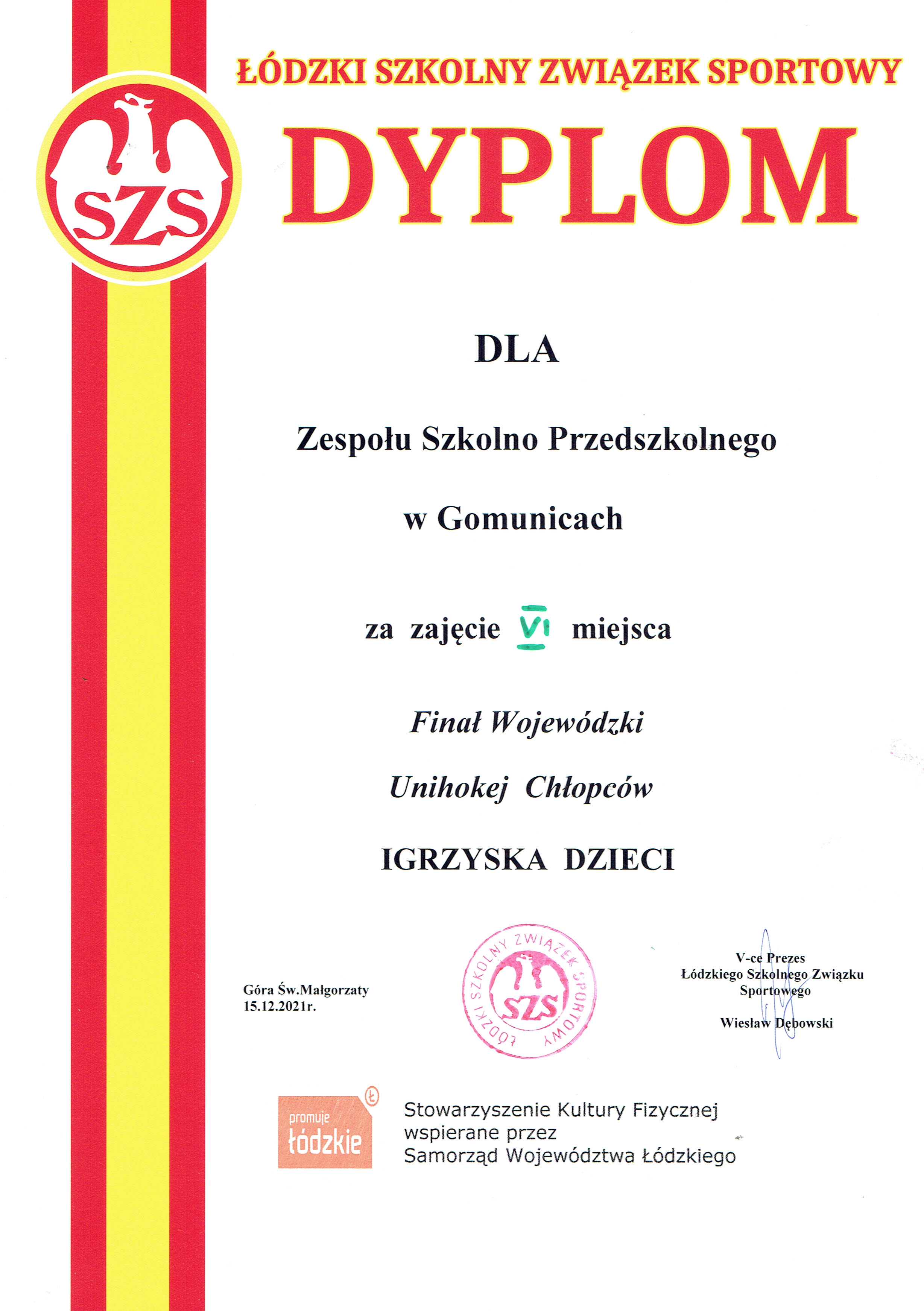 Dyplom - unihokej - Mistrzostwa województwa łódzkiego